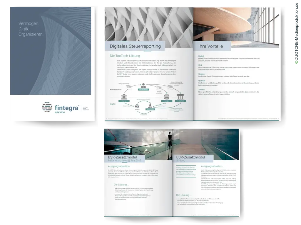Imagebroschüre zur digitalen Steuerverwaltung mit Design, Fotokonzept und Textkonzept