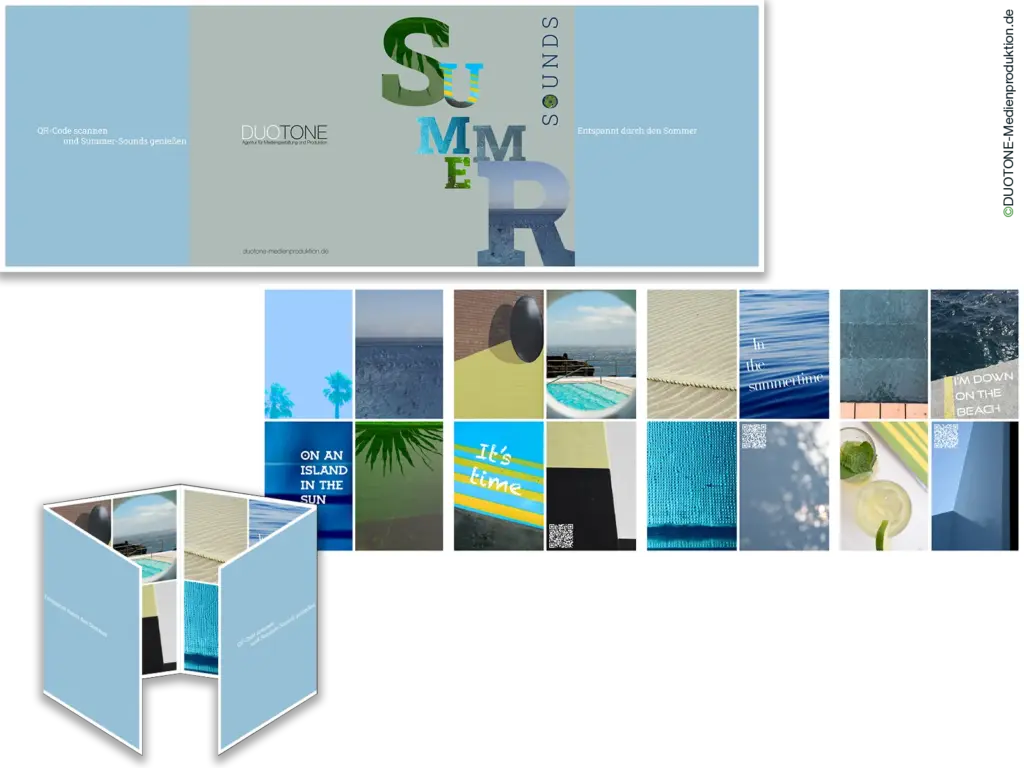 Printdesign eines Folders im Altarfalz mit Fotodesign, Kartenkonzept und Sound-QR