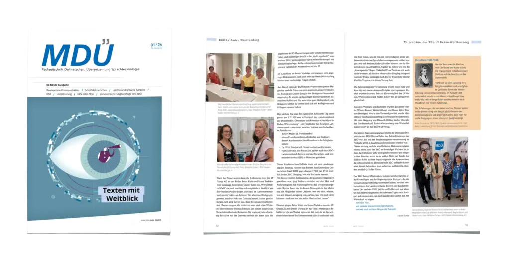 Gestaltung und Design einer Verbandszeitschrift für Dolmetschen und Übersetzung mit klarer Informations- und Textstruktur