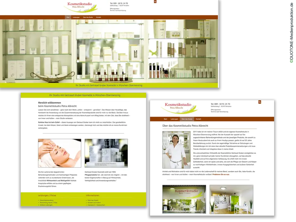 Webdesign für ein Kosmetikstudio mit Fotoproduktion und Textstruktur